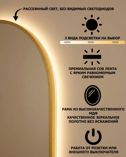 Небо (Sky) M LED Золото Зеркало с подсветкой 45/60*85 см