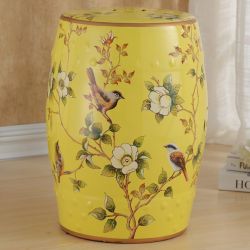 Керамический табурет белый, Птицы, желтый